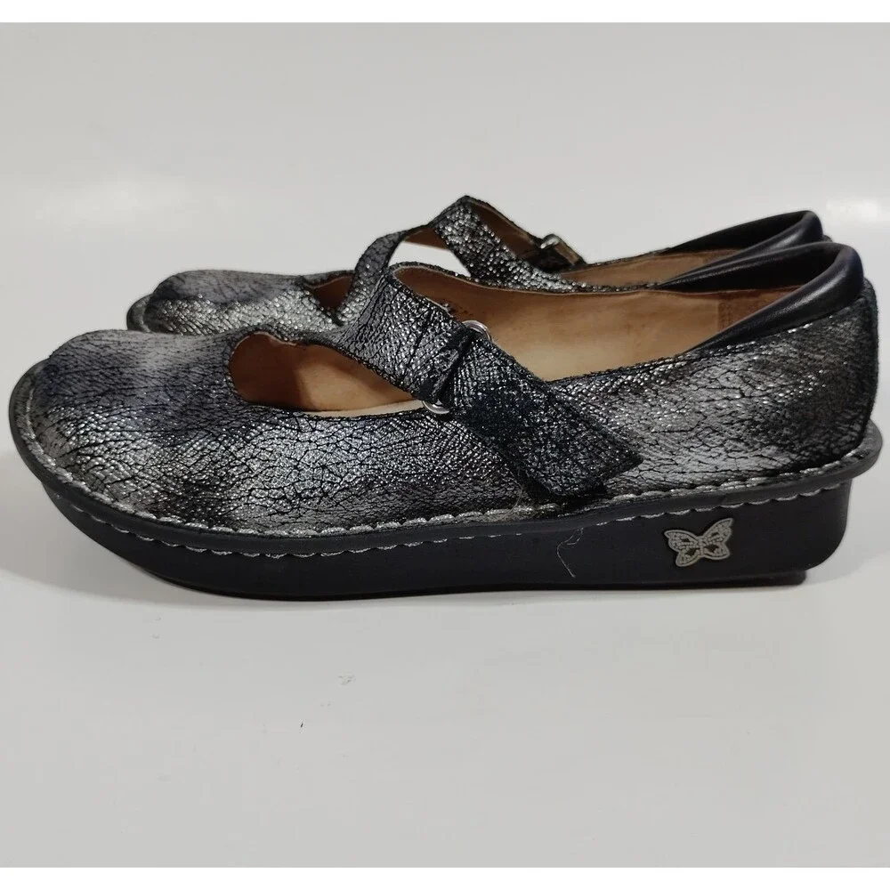 Alegria Womens Size 38 US 7.5 Onyx Crackle Jill Metallic Mary Jane JIL-752